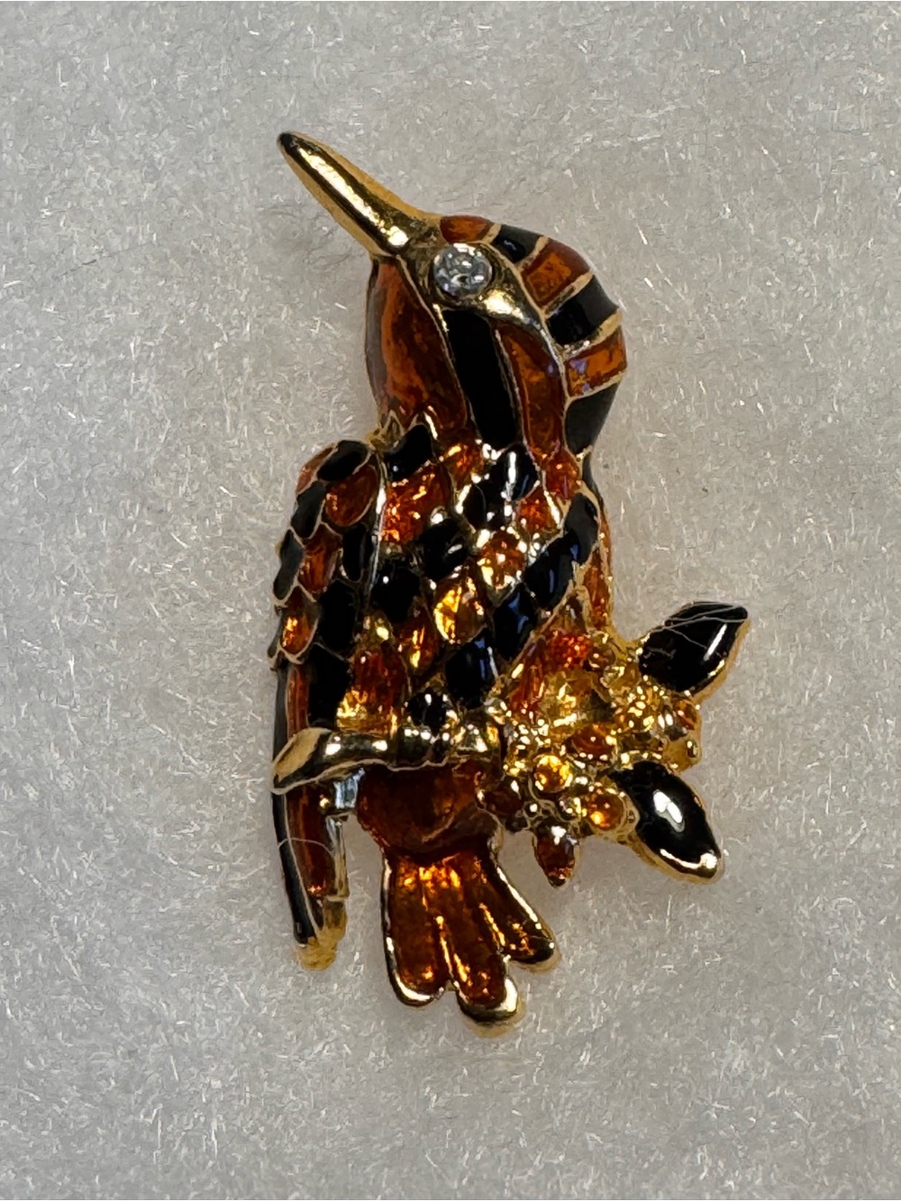 Vintage Rare Hummingbird Brooch / Pendant Orange and Brown Enamel Jewel Eye